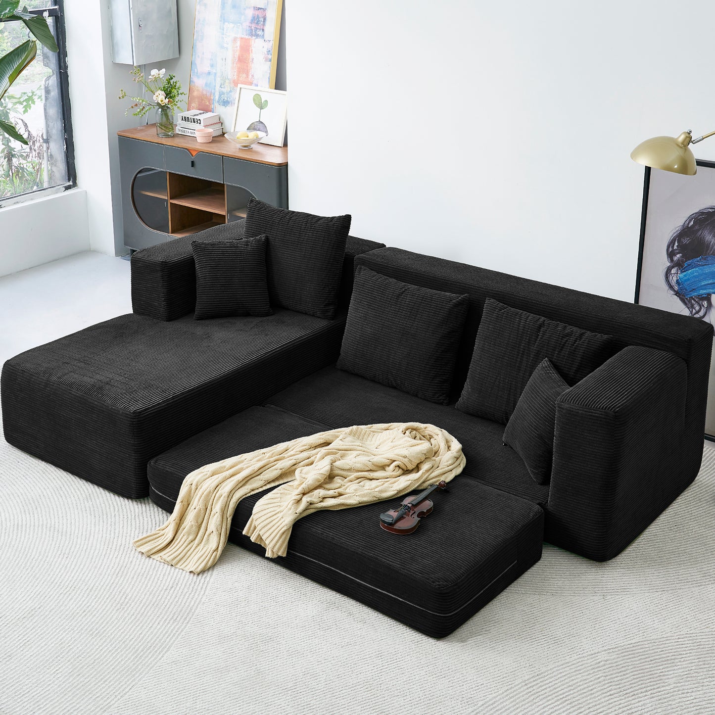 YINIX Sectional Sofa,L-Shaped Corduroy Sofa with Comfortable Pillows for Living Room,No Assembly Required,Black
