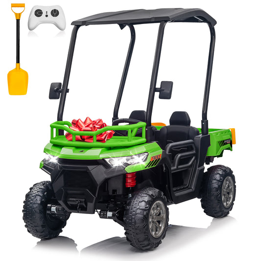 STORMWAVE 4WD 24 Volt Ride on Toys UTV with 2 Seater & Remote Control, Kids Electric Golf Cart w/ 4x200W Power Motors, Tiltable Trailer & Shovel, 4 Wheels Spring Suspension, Bluetooth USB Music, Green