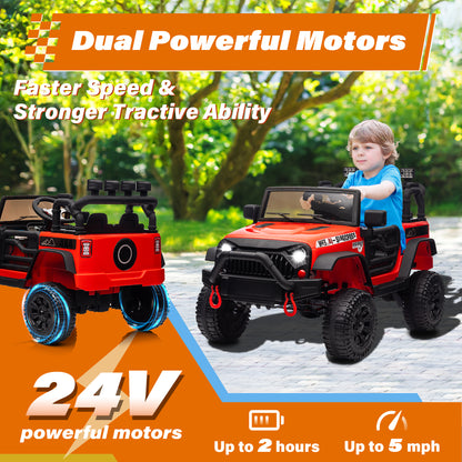 STORMWAVE 24V Kids Ride on Truck Car with Remote Control, 2* 200W Powered Toy Car up to 5 mph, Powered 4-Wheeler Toy w/ Spring Suspension, 3 Speeds, LED Lights, Bluetooth Music, Red