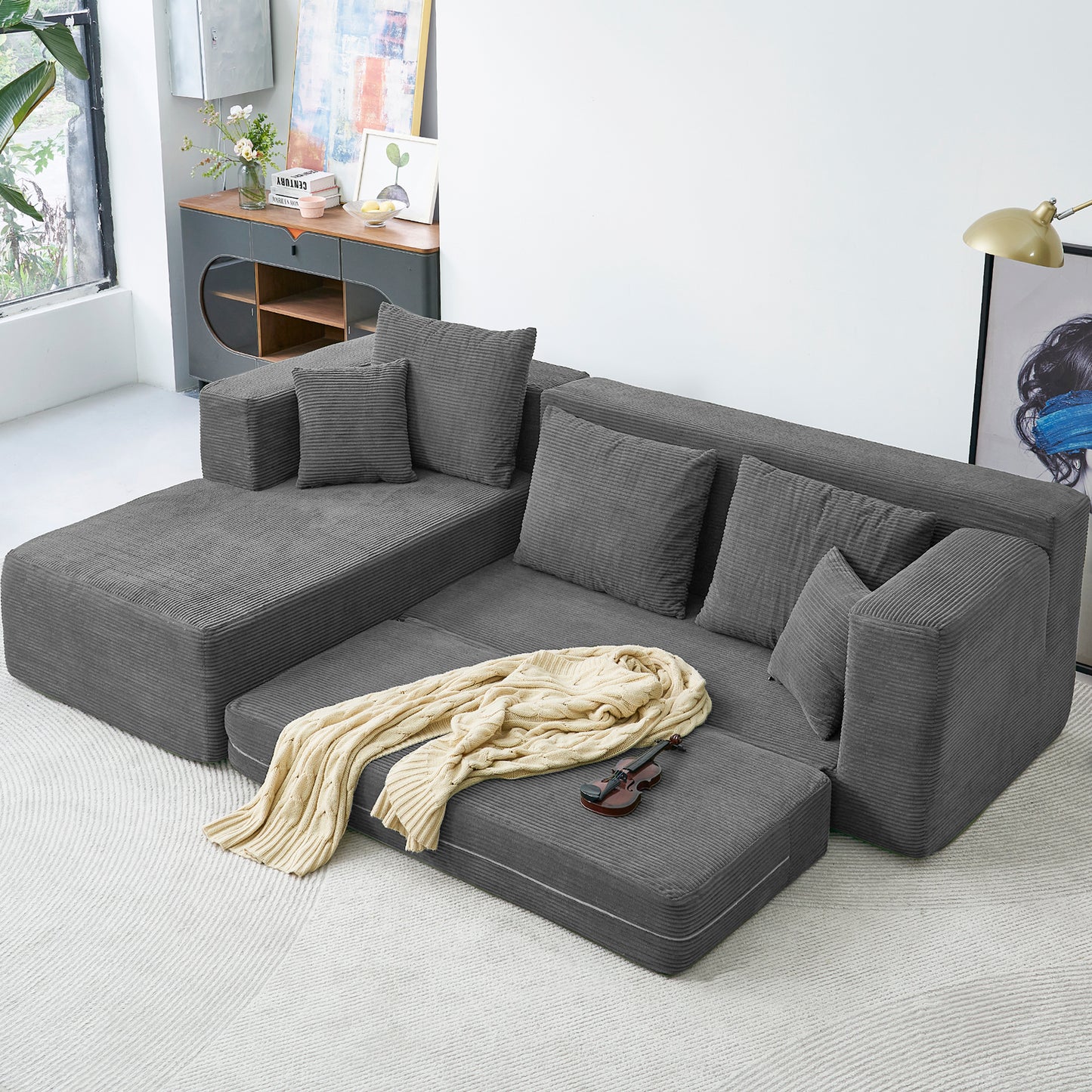 YINIX Sectional Sofa,L-Shaped Corduroy Sofa with Comfortable Pillows for Living Room,No Assembly Required,Black