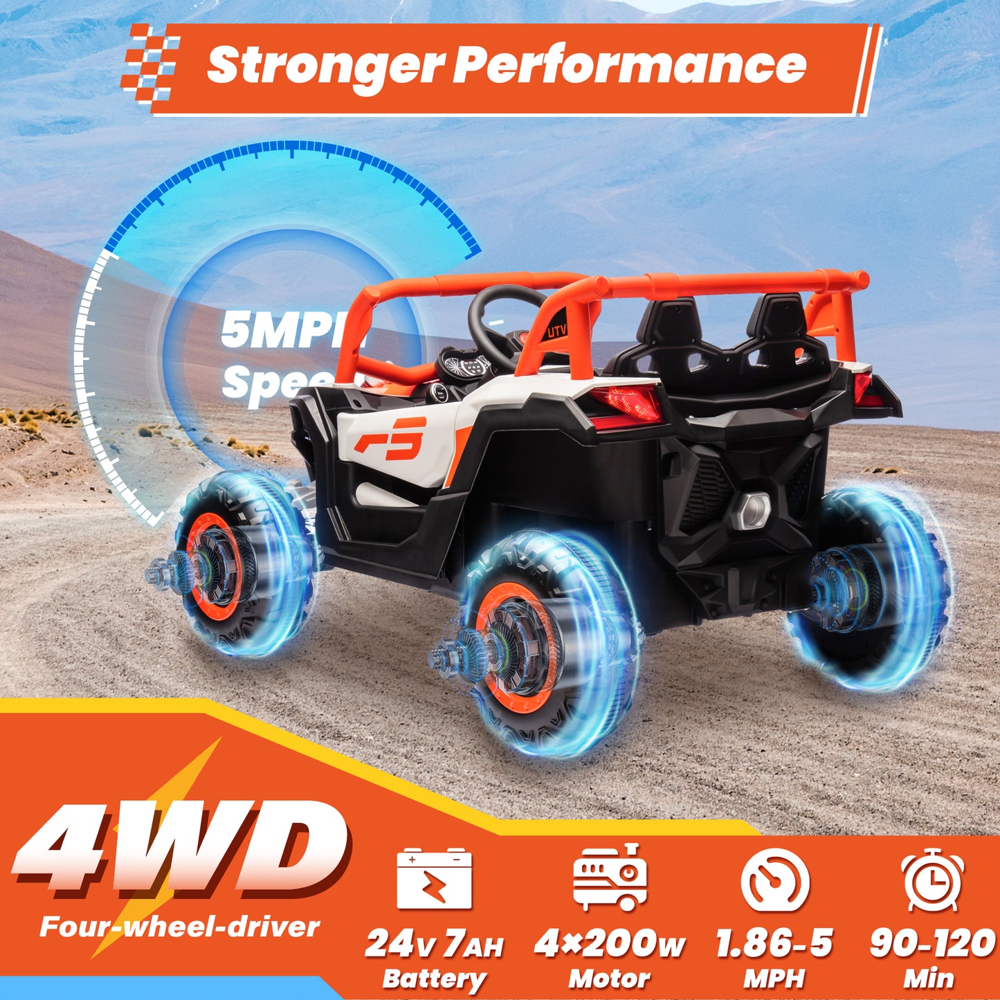 STORMWAVE 24V Ride on Toys w/ Remote Control, 4WD Powered Electric Off-Road UTV with 4*200W Motors, Larger Seat 4 Wheeler with LED Light, Bluetooth, Music, Spring Suspension, 3 Speeds, Orange