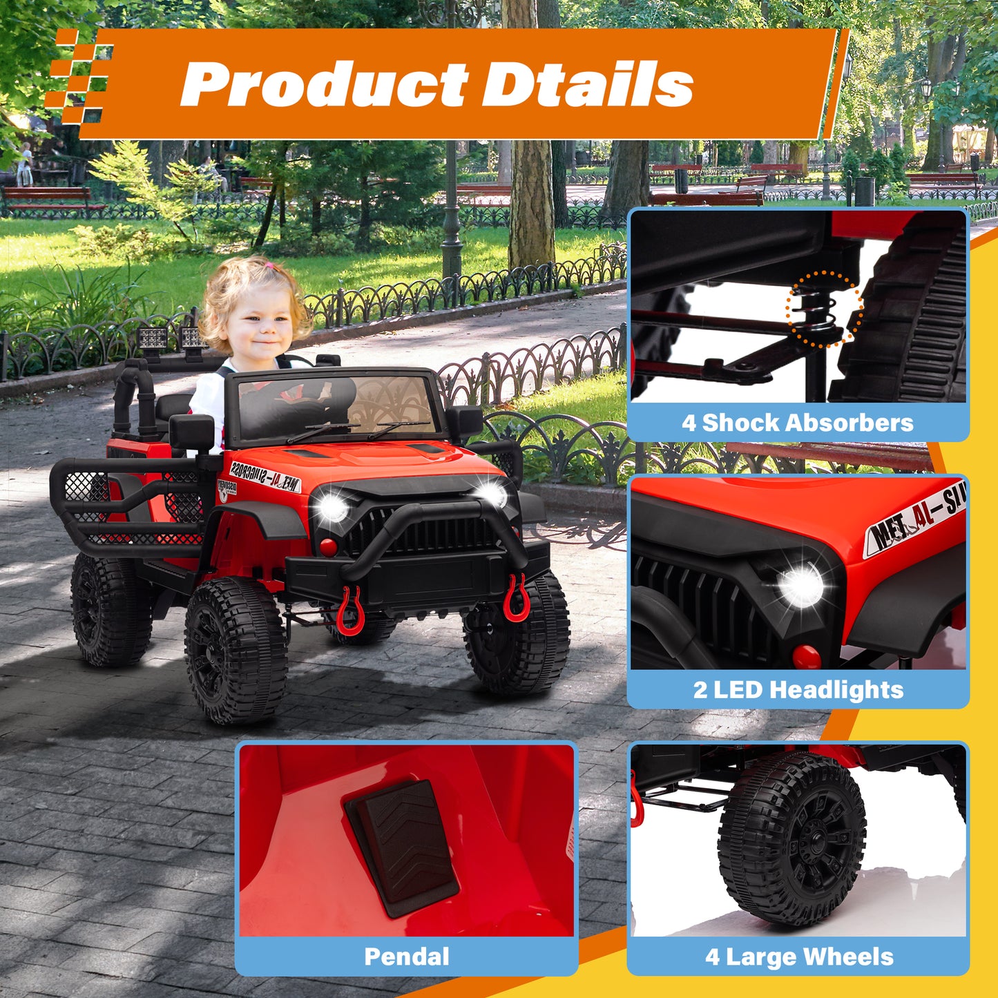 STORMWAVE 24V Kids Ride on Truck Car with Remote Control, 2* 200W Powered Toy Car up to 5 mph, Powered 4-Wheeler Toy w/ Spring Suspension, 3 Speeds, LED Lights, Bluetooth Music, Red