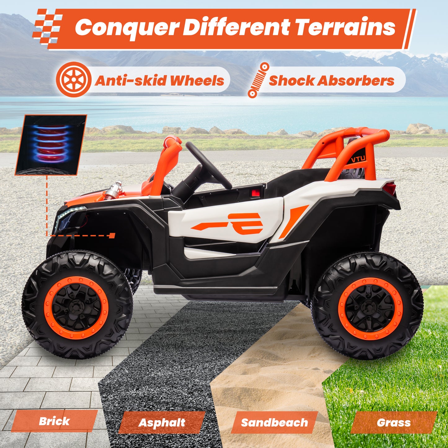 STORMWAVE 24V Ride on Toys w/ Remote Control, 4WD Powered Electric Off-Road UTV with 4*200W Motors, Larger Seat 4 Wheeler with LED Light, Bluetooth, Music, Spring Suspension, 3 Speeds, Orange