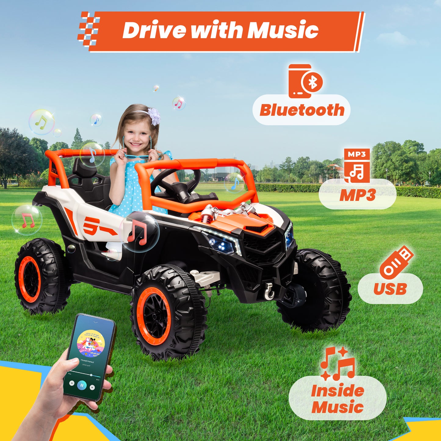 STORMWAVE 24V Ride on Toys w/ Remote Control, 4WD Powered Electric Off-Road UTV with 4*200W Motors, Larger Seat 4 Wheeler with LED Light, Bluetooth, Music, Spring Suspension, 3 Speeds, Orange