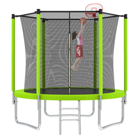 STORMWAVE Trampolines for Kids Adults with Enclosure Net, Basketball Hoop, Basketball, Pump, Ladder, Outdoor Heavy Duty Round Trampoline, 8ft Green