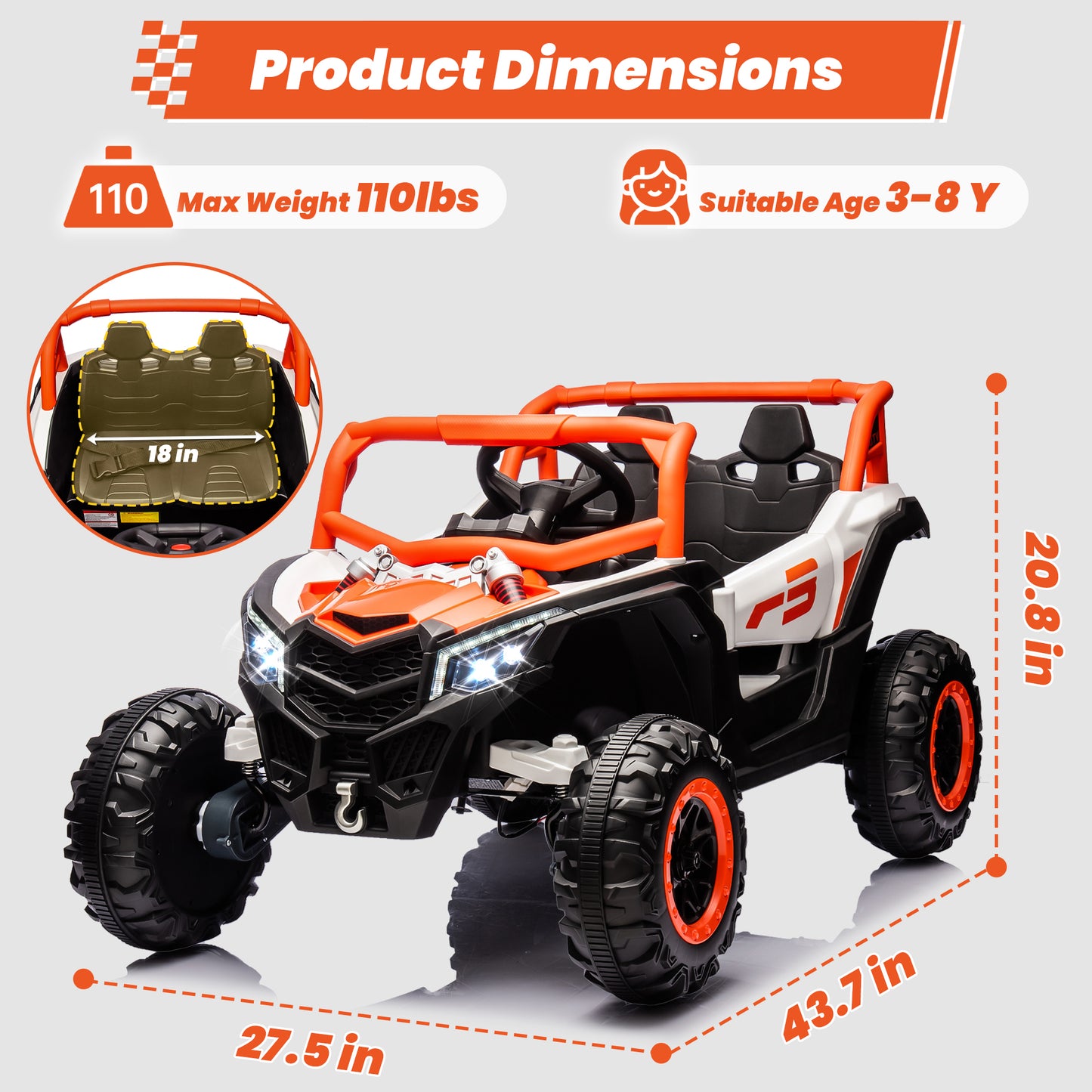 STORMWAVE 24V Ride on Toys w/ Remote Control, 4WD Powered Electric Off-Road UTV with 4*200W Motors, Larger Seat 4 Wheeler with LED Light, Bluetooth, Music, Spring Suspension, 3 Speeds, Orange