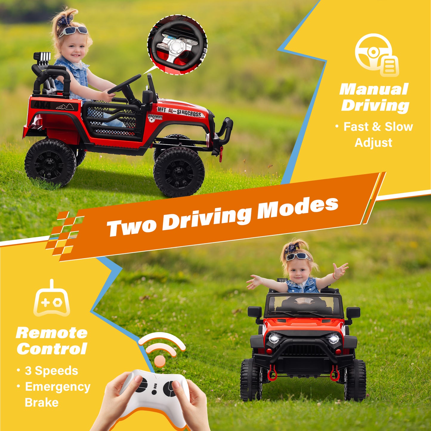 STORMWAVE 24V Kids Ride on Truck Car with Remote Control, 2* 200W Powered Toy Car up to 5 mph, Powered 4-Wheeler Toy w/ Spring Suspension, 3 Speeds, LED Lights, Bluetooth Music, Red