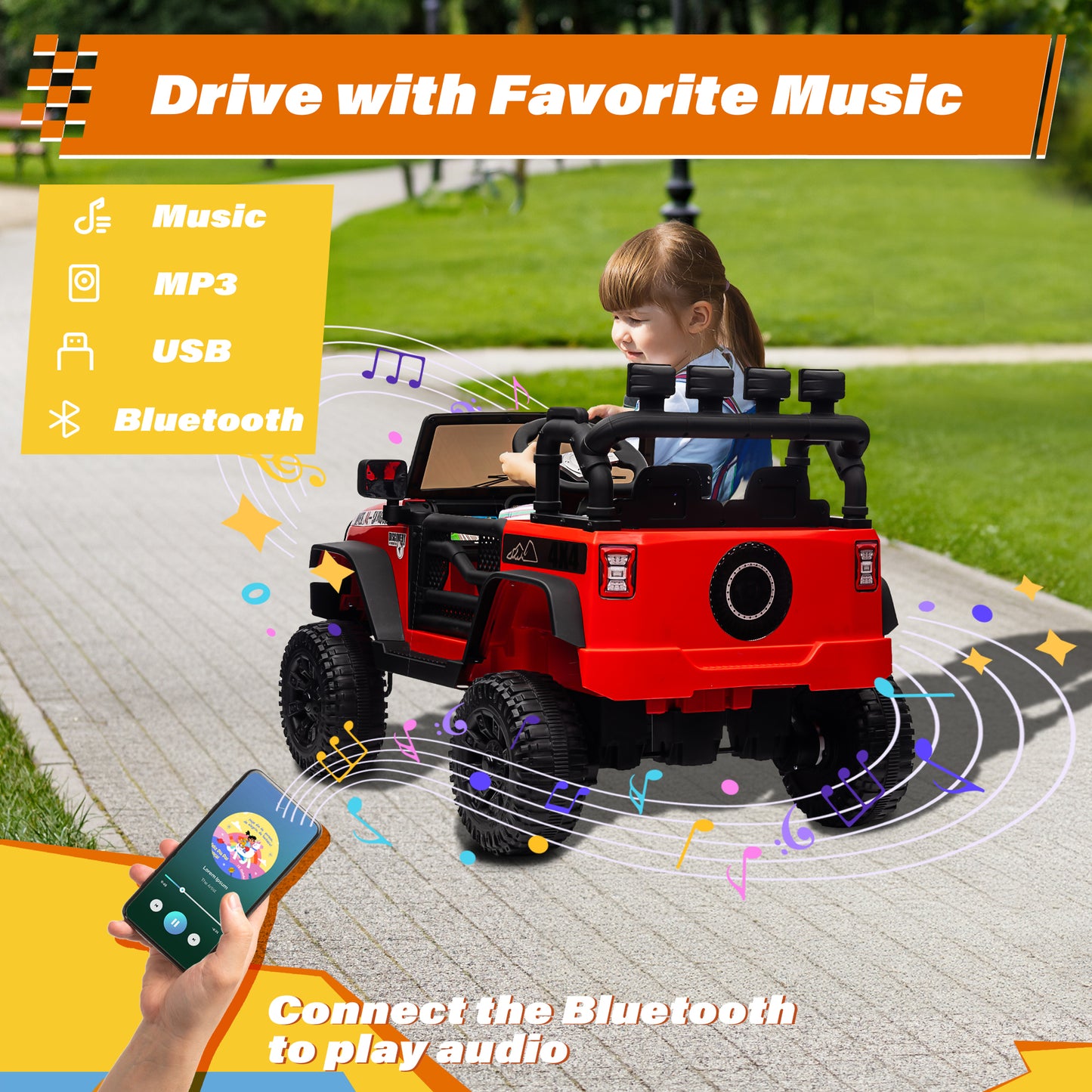 STORMWAVE 24V Kids Ride on Truck Car with Remote Control, 2* 200W Powered Toy Car up to 5 mph, Powered 4-Wheeler Toy w/ Spring Suspension, 3 Speeds, LED Lights, Bluetooth Music, Red